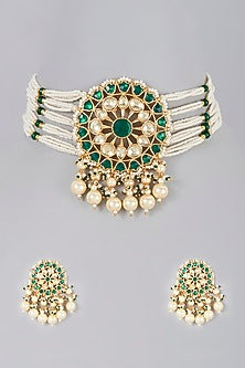 Gold Finish Kundan Polki & Pearl Drop Choker Necklace Set