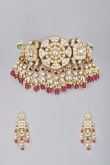 Gold Finish Kundan Polki & Red Drop Choker Necklace Set