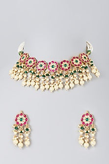 Gold Finish Kundan Polki & Pearl Choker Necklace Set