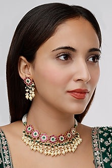 Gold Finish Kundan Polki & Pearl Choker Necklace Set
