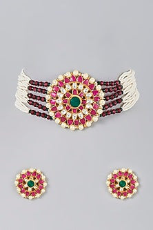 Gold Finish Kundan Polki & Beaded Choker Necklace Set