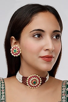Gold Finish Kundan Polki & Beaded Choker Necklace Set