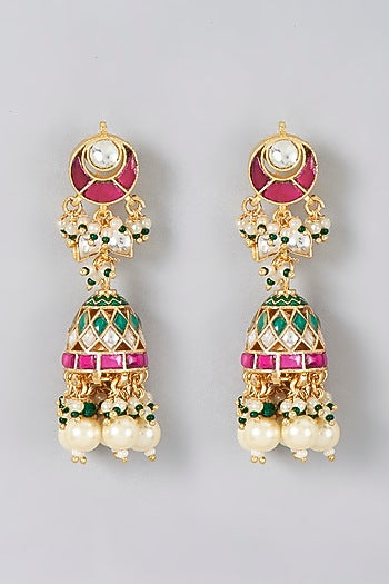 Gold Finish Kundan Polki & Pearl Dangler Earrings