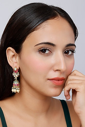 Gold Finish Kundan Polki & Pearl Dangler Earrings