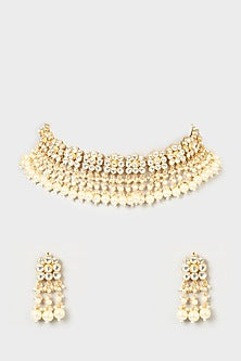 Gold Finish Pachi Kundan Polki & Pearl Choker Necklace Set