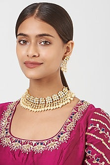 Gold Finish Pachi Kundan Polki & Pearl Choker Necklace Set