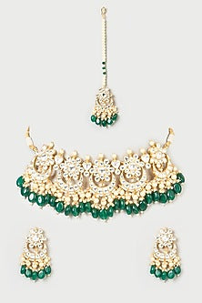 Gold Finish Pachi kundan Polki & Green Stone Choker Necklace Set