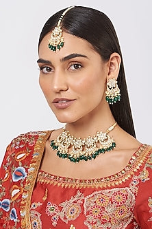 Gold Finish Pachi kundan Polki & Green Stone Choker Necklace Set