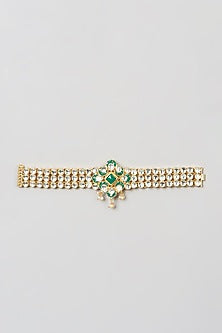 Gold Finish Pachi Kundan Polki & Green Stone Bracelet