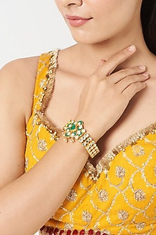 Gold Finish Pachi Kundan Polki & Green Stone Bracelet