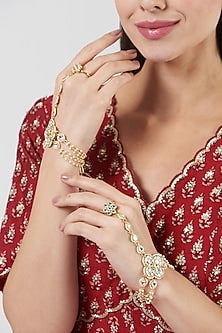 Gold Finish Kundan Polki Hathphool (Set Of 2)