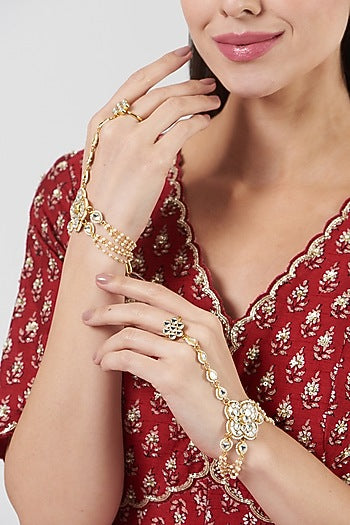 Gold Finish Kundan Polki Hathphool (Set Of 2)