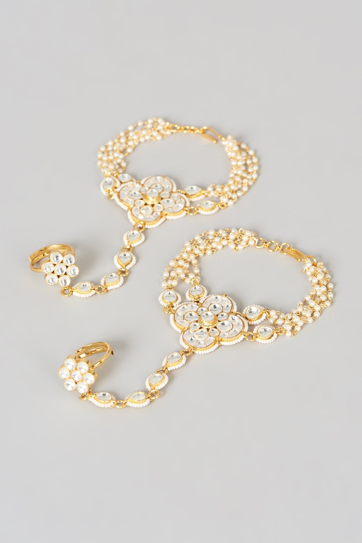 Gold Finish Kundan Polki Hathphool (Set Of 2)
