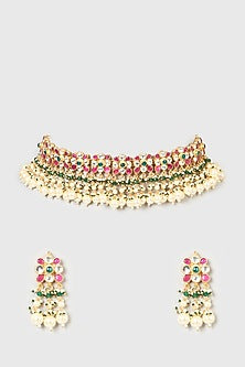 Gold Finish Pearl & Pachi Kundan Polki Choker Necklace Set