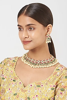 Gold Finish Pearl & Pachi Kundan Polki Choker Necklace Set