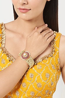 Gold Finish Pachi Kundan Polki & Red Stone Bracelet