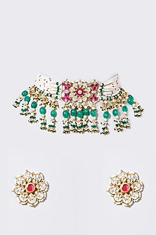 Gold Finish Pachi Kundan Polki & Emerald Synthetic Stone Choker Necklace Set