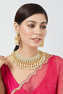 Gold Finish Zircons & Pachi Kundan Polki Choker Necklace Set