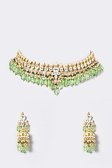 Gold Finish Emerald Synthetic Stone & Pachi Kundan Polki Choker Necklace Set