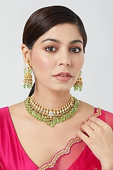 Gold Finish Emerald Synthetic Stone & Pachi Kundan Polki Choker Necklace Set