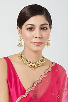 Gold Finish Zircon & Pachi Kundan Polki Choker Necklace Set