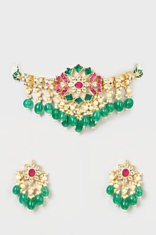 Gold Finish Pachi Kundan Polki & Green Stone Choker Necklace Set