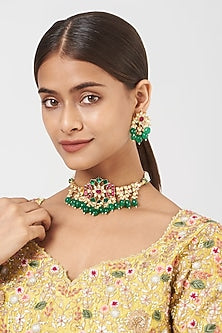 Gold Finish Pachi Kundan Polki & Green Stone Choker Necklace Set