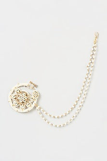 Gold Finish Pachi Kundan Polki & Pearl Nose Ring