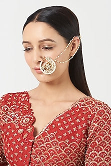 Gold Finish Pachi Kundan Polki & Pearl Nose Ring