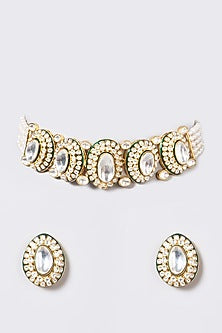 Gold Finish Pachi Kundan Polki & Zircon Choker Necklace Set