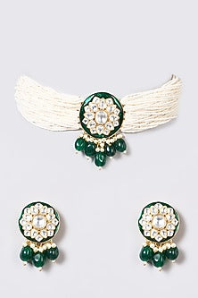 Gold Finish Pearl & Pachi Kundan Polki Choker Necklace Set