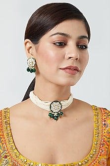 Gold Finish Pearl & Pachi Kundan Polki Choker Necklace Set