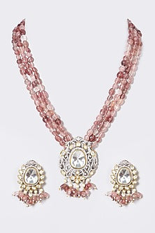 Gold Finish Pink Synthetic Stone & Pachi Kundan Polki Long Necklace Set