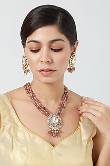 Gold Finish Pink Synthetic Stone & Pachi Kundan Polki Long Necklace Set