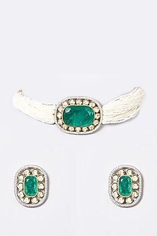 Gold Finish Pearl & Emerald Synthetic Stone Choker Necklace Set