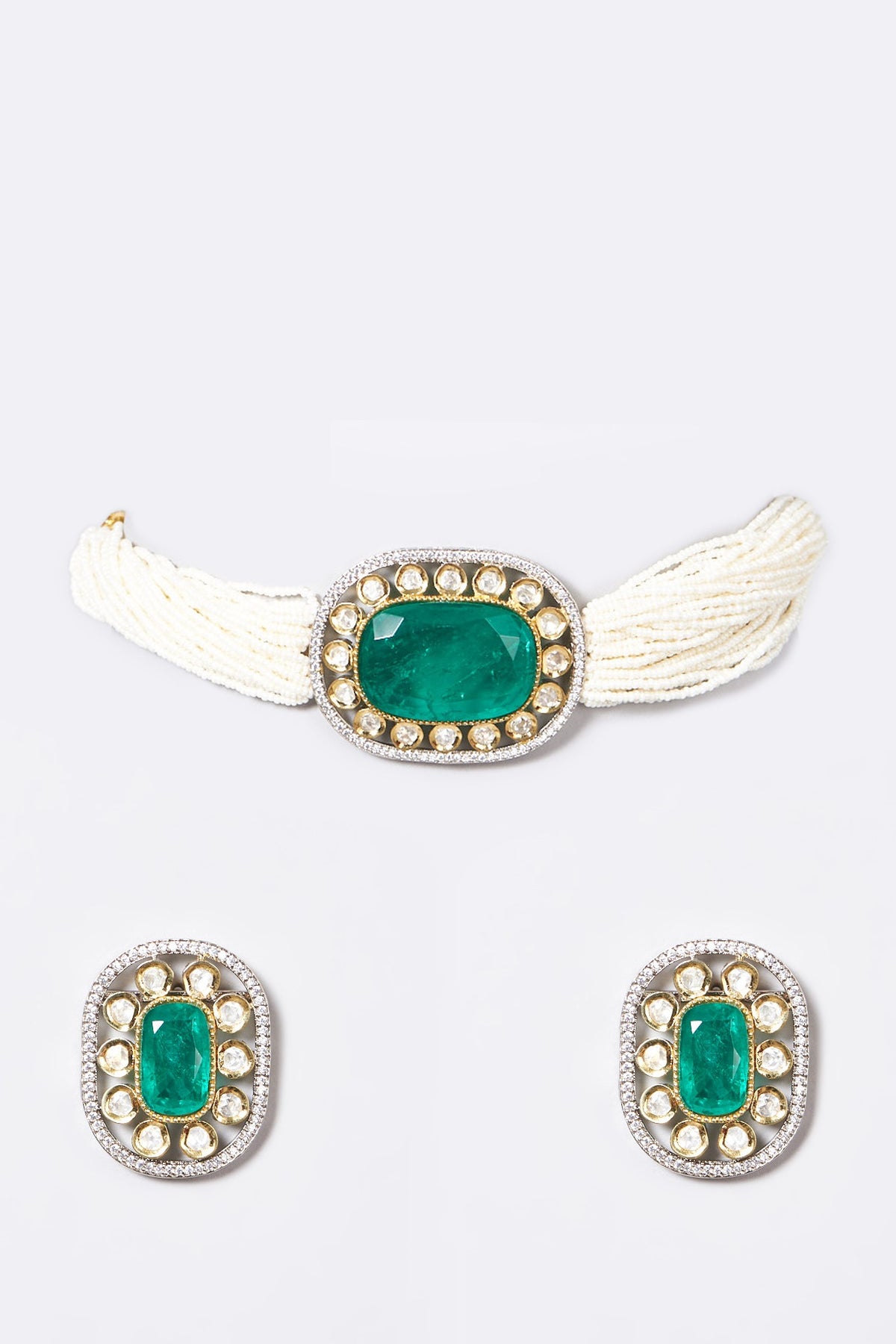 Gold Finish Pearl & Emerald Synthetic Stone Choker Necklace Set
