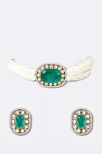 Gold Finish Pearl & Emerald Synthetic Stone Choker Necklace Set