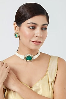 Gold Finish Pearl & Emerald Synthetic Stone Choker Necklace Set