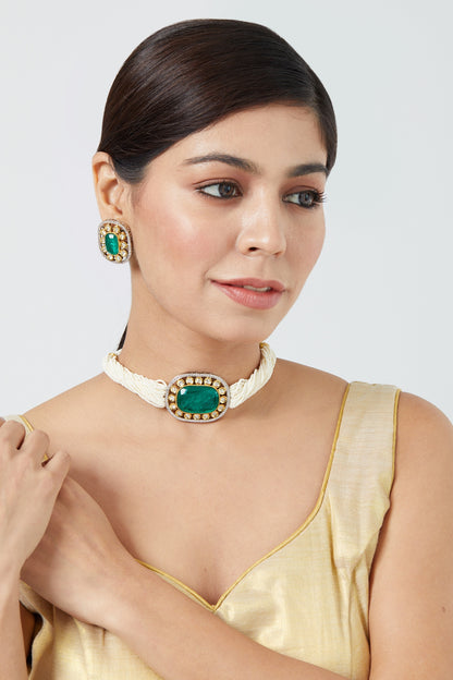 Gold Finish Pearl & Emerald Synthetic Stone Choker Necklace Set