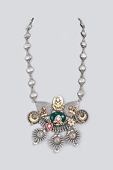 Oxidized Finish Kundan Polki & Synthetic Stone Long Necklace