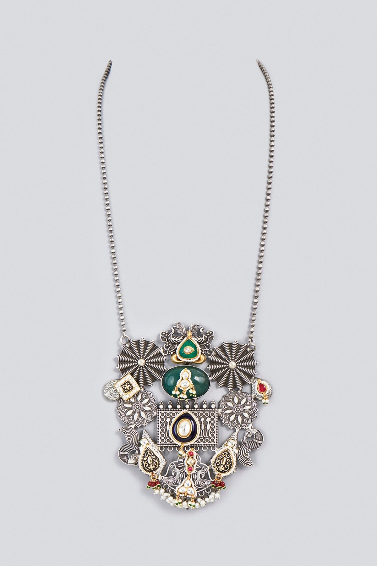 Oxidized Finish Kundan Polki & Synthetic Stone Long Necklace