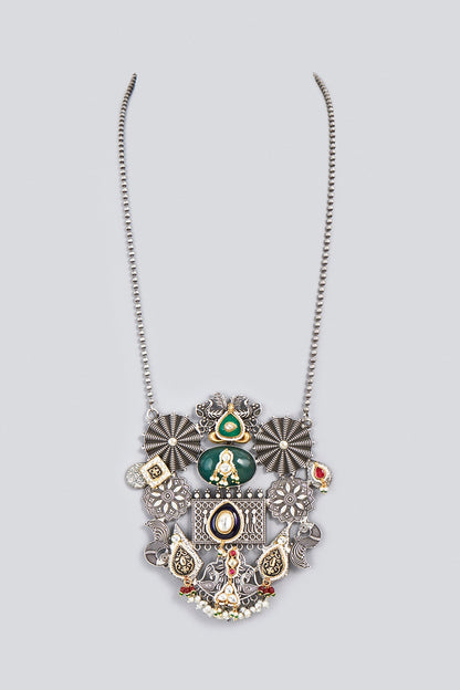 Oxidized Finish Kundan Polki & Synthetic Stone Long Necklace