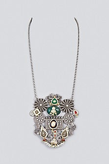 Oxidized Finish Kundan Polki & Synthetic Stone Long Necklace