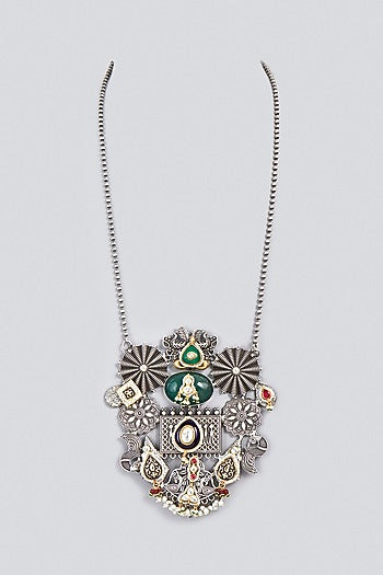 Oxidized Finish Kundan Polki & Synthetic Stone Long Necklace