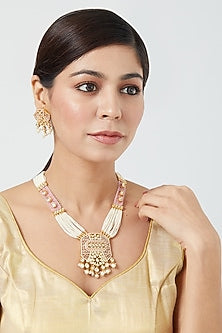 Gold Finish Pearl Necklace Set In Mixed Metal