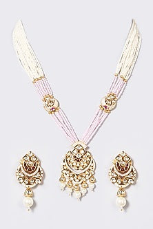 Gold Finish Pachi Kundan Polki & Pearl Long Necklace Set