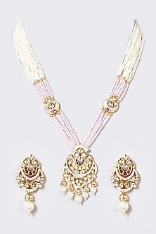 Gold Finish Pachi Kundan Polki & Pearl Long Necklace Set