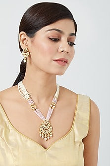 Gold Finish Pachi Kundan Polki & Pearl Long Necklace Set