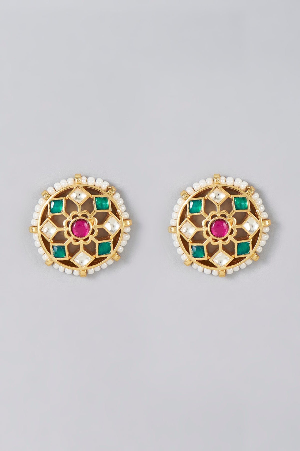 Gold Finish Kundan Polki & Pearl Stud Earrings