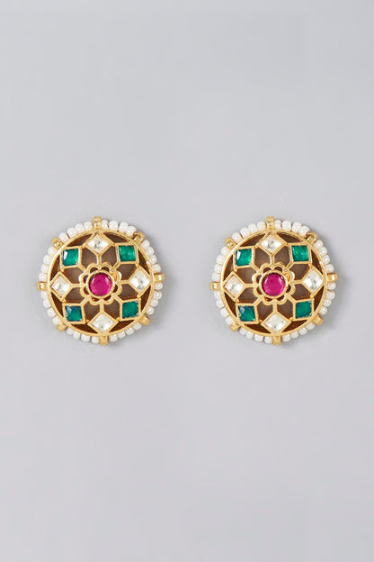 Gold Finish Kundan Polki & Pearl Stud Earrings